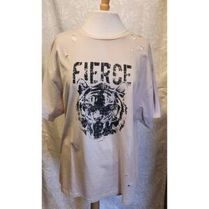 E44 Bae Vely "Fierce" tiger  screenprint distressed ripped cream t shirt NWOT